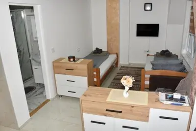 a small living room with a bed and a desk at Grof apartmani in Zaječar