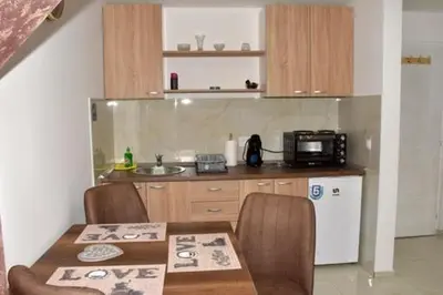 a kitchen with a table and a microwave and a refrigerator at Grof apartmani in Zaječar