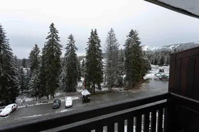 a balcony with a view of a river and trees at Apartman W Residence in Kopaonik