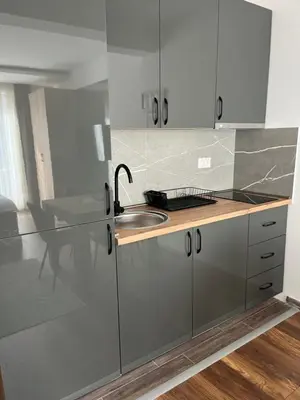 a kitchen with stainless steel cabinets and a sink at President Kop Fibi in Kopaonik