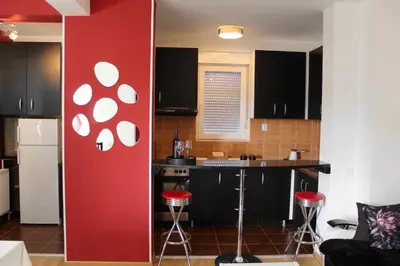 a kitchen with black cabinets and a red wall at Miss apartman in Jagodina