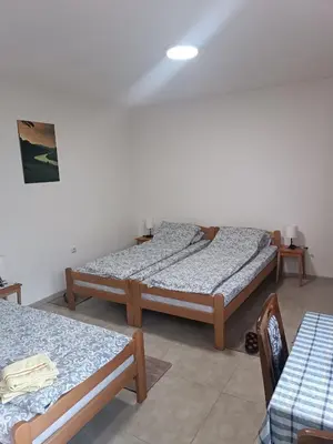 a bedroom with two beds and a table and chairs at Adamovic in Pirot