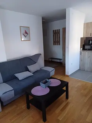 a living room with a couch and a coffee table at Apartman NALE in Vrnjačka Banja