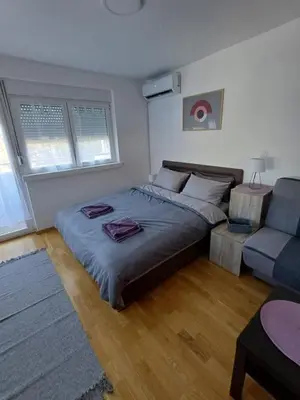 a bedroom with a bed and a couch at Apartman NALE in Vrnjačka Banja