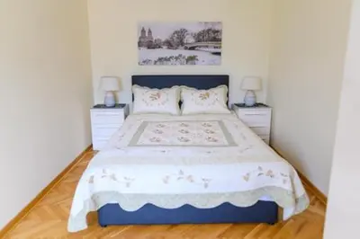 a bedroom with a large bed with two night stands at Apartman Ivanka in Soko Banja