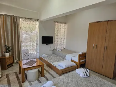 a living room with two beds and a tv at Guest House Konak Iris in Predejane