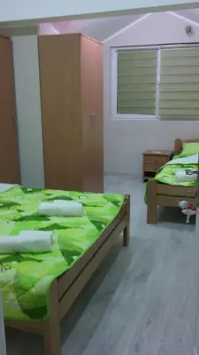 a bedroom with two beds with green sheets and a window at Guest House Konak Iris in Predejane