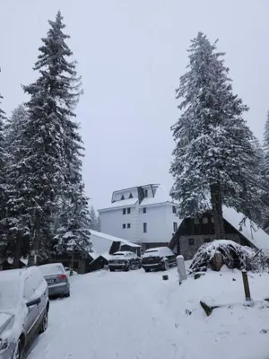 a snow covered yard with cars parked in front of a house at MASSIV Kopaonik centar lux apartmani in Kopaonik