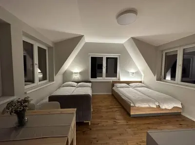two beds in a room with windows at Studio Čuvarkuća in Kopaonik