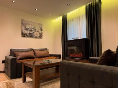 a living room with two couches and a fireplace at Ice Dream Apartmani in Kopaonik