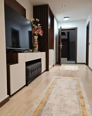 a hallway with a living room with a television at Ice Dream Apartmani in Kopaonik