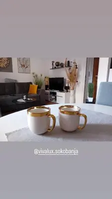 two coffee cups sitting on a table in a living room at Viva Lux in Soko Banja