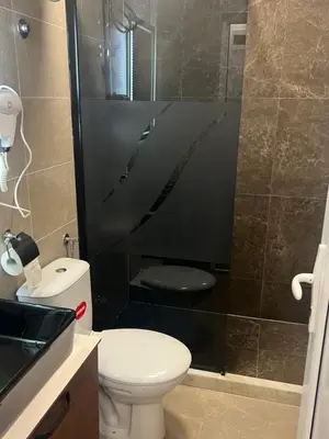 a bathroom with a toilet and a glass shower at Nego apartmani in Kuršumlija