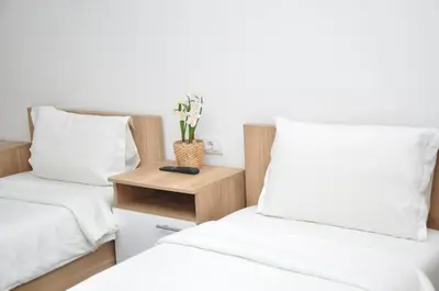 two beds with white sheets and a nightstand with a plant at Nego apartmani in Kuršumlija