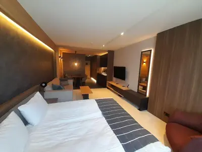 a hotel room with a bed and a living room at Woodside RENT Kopaonik in Kopaonik