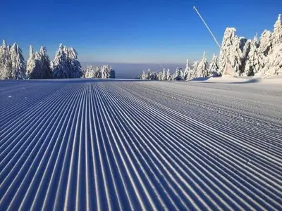 an empty snow covered field with trees in the background at Ski hotel DOBRODOLAC in Kopaonik