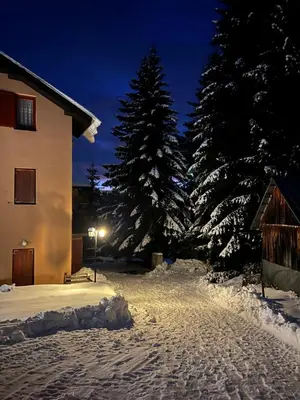 a snow covered yard with two trees and a building at Apartman Treska Kop in Kopaonik
