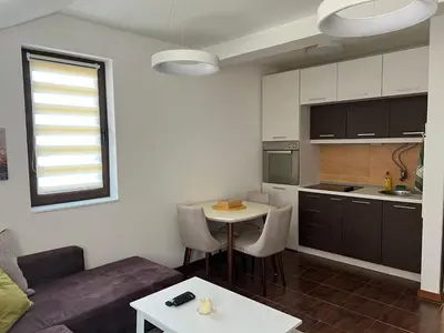a living room with a table and a kitchen at Apartman Treska Kop in Kopaonik
