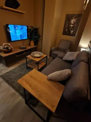 a living room with a couch and a tv at Supreme studio in Niš