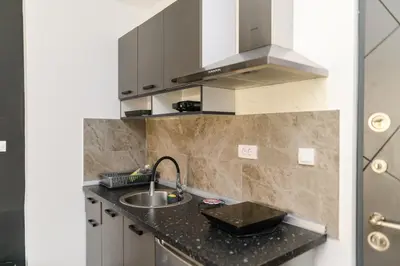 a kitchen with a sink and a counter top at Apartmani Djukic in Soko Banja