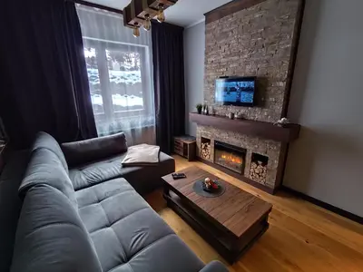 a living room with a couch and a fireplace at Vidik Dream Kopaonik in Kopaonik