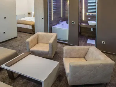 a living room with a couch and chairs and a tub at Hotel & Restaurant Ponte Bianco in Vranje