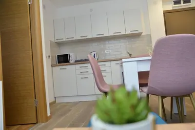 a kitchen with white cabinets and a table and chairs at Kraljevi Cardaci Cardak in Kopaonik