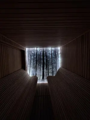 a dark room with a window with trees in the background at Apartmani L6 & P90 Milmari Kopaonik in Kopaonik