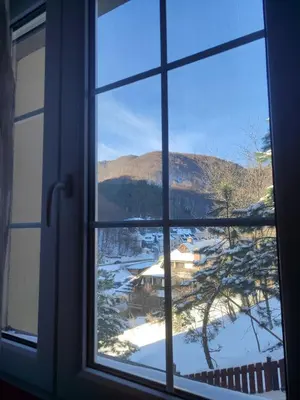 a window with a view of a snow covered mountain at WEGA Star Apartmani in Brzeće