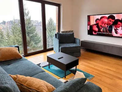 a living room with a couch and a tv at Glecer A07 in Kopaonik