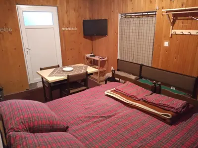 a bedroom with a bed and a table and a television at KopanikSkiRooms15E in Kopaonik