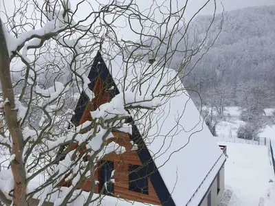 a church steeple covered in snow next to a tree at KoCHALET Apartment in Crni Vrh