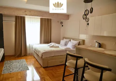 a hotel room with a bed and a sink at Lotos Apartments in Kruševac