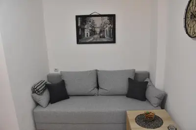 a living room with a gray couch and a picture on the wall at BeLux apartment in Niš