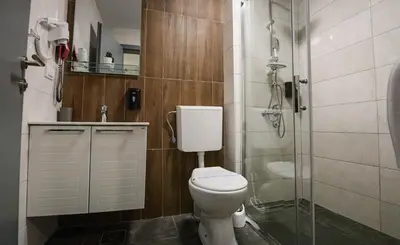 a bathroom with a toilet and a shower at Hotel Dijana in Pirot