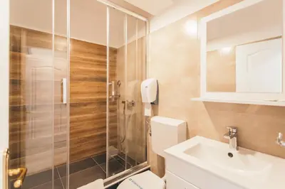 a bathroom with a shower and a toilet and a sink at Hotel Dijana in Pirot