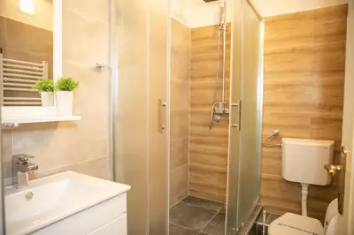 a bathroom with a shower and a toilet and a sink at Hotel Dijana in Pirot