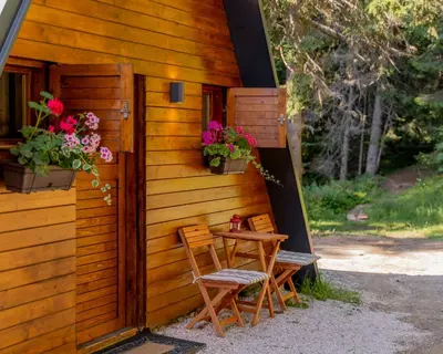a table and two chairs next to a building with flowers at Viktorija chalet in Kopaonik