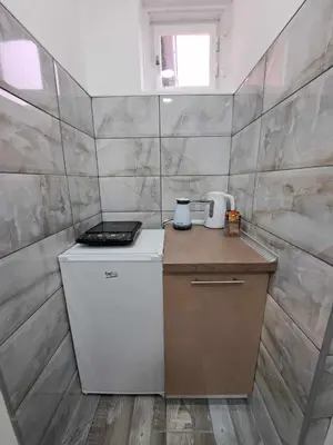 a small kitchen with a white refrigerator and a counter at Apartman Arsić Zajecar in Zaječar