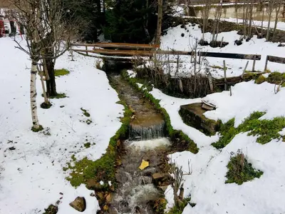 a stream of water in a snow covered yard at Regulus apartment Brzeće Kopaonik in Brzeće