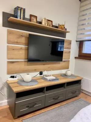 a entertainment center with a flat screen tv on a wall at Regulus apartment Brzeće Kopaonik in Brzeće
