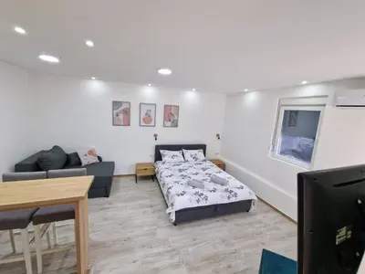 a bedroom with a bed and a couch and a table at Zed Apartments in Leskovac