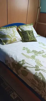 a bed with green and white sheets and pillows at Apartman Nissa in Niš
