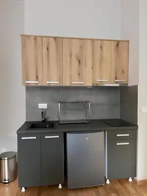 a kitchen with a sink and wooden cabinets at SUNSKII Apartments in Brzeće