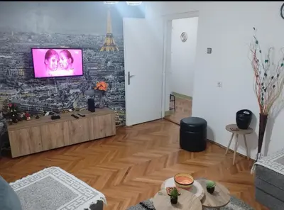 a living room with a tv on a brick wall at Apartman Petra in Leskovac