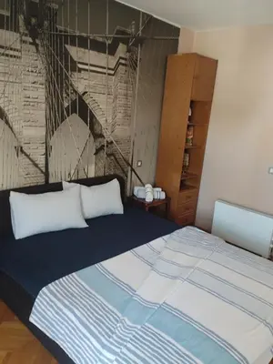 a bedroom with a bed and a painting on the wall at Apartman Petra in Leskovac