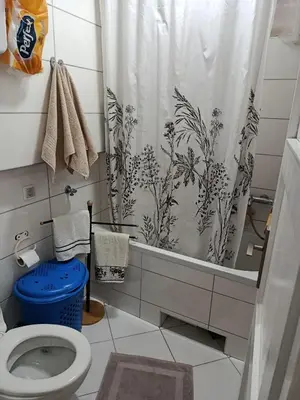 a bathroom with a toilet and a shower curtain at Apartman Petra in Leskovac