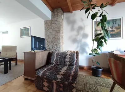 a living room with a chair and a television at Nikolic Apartment in Leskovac