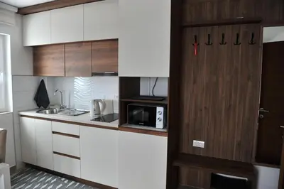 a small kitchen with white cabinets and a microwave at Ramondia, Kopaonik in Kopaonik