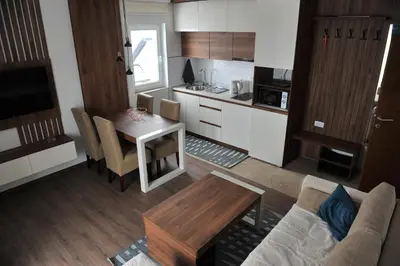a small living room with a table and a kitchen at Ramondia, Kopaonik in Kopaonik